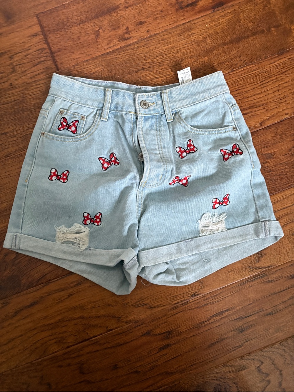 Disney Light Wash Denim Hi-Rise Shorts with Minnie Bow Embroidery